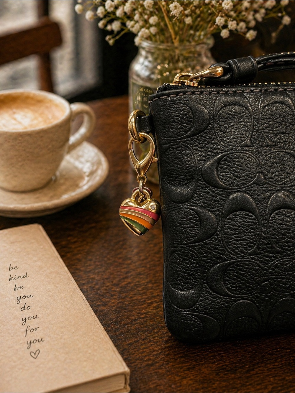 Coach Black Signature Embossed Leather Wristlet w/ Rainbow Heart Charm - Picture 3 of 4
